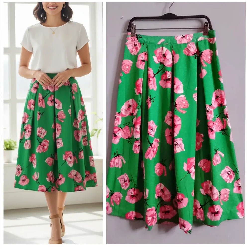 Who What Wear Green and Pink Floral Midi Skirt Womens Size 12